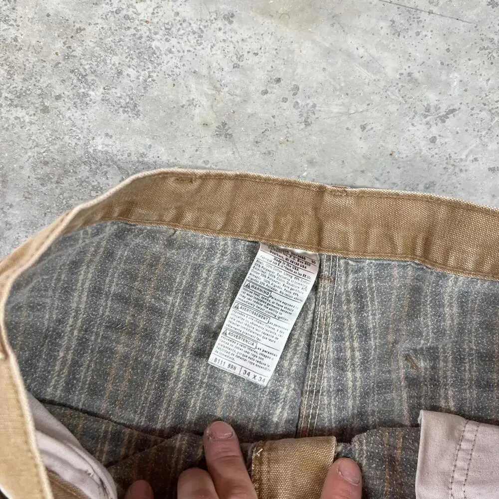 vintage carhartt sun faded tan relaxed baggy flannel lined dungaree cargo pants - Picture 3 of 4